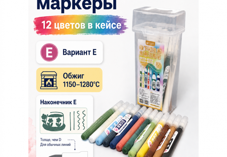 Подглазурные маркеры для керамики, 12 цветов, вариант E